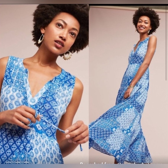 Anthropologie Raga blue white Cloud Nine boho prairie cottage Greek maxi dress - Picture 3 of 10